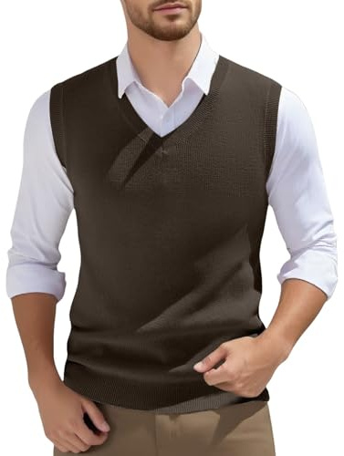 Vhersily Pull Gilet Gilet Débardeur Sweater Sweater pour Homme Tricoté Col en V Sans Manches Pull Tricot Tresses Travail, Casual Basic Gros Chaud Poche Mince Boutons Débardeur, marron, Medium