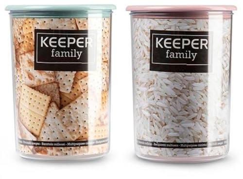 Acan Tradineur - Confezione da 2 Barattoli di plastica riutilizzabili, modello Keeper, contenitori, per la conservazione di biscotti, legumi, cereali, caffè, fabbricati in Spagna - 1 litro - 15 x 11