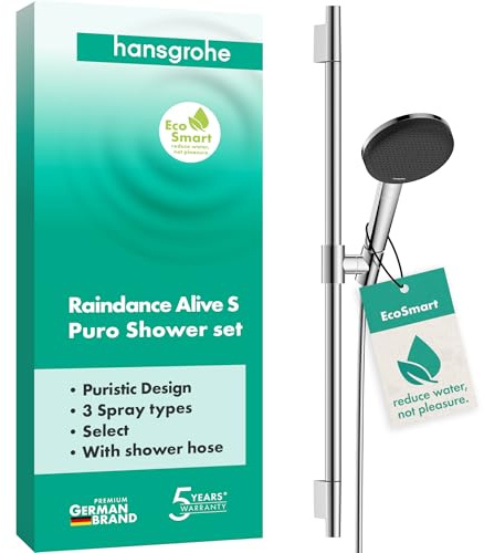 hansgrohe Raindance Alive Select S - Duschset mit Duschkopf wassersparend (EcoSmart, 3 Strahlarten inkl. PowderRain), Duschschlauch (1,60 m) und Duschstange (0,65 m), Chrom, 24602000