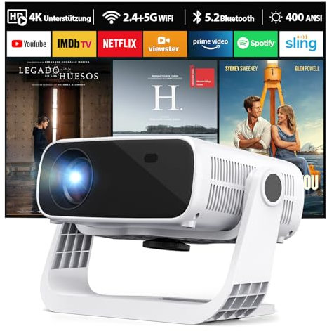 Wielio 2025 Neuer Upgraded Full HD 1080P Beamer, 20000 Lumens, 4K Unterstützung, Android 11, WiFi 6＆ Bluetooth 5.2, automatische Trapezkorrektur, 120° schwenkbarer Heimkino Beamer