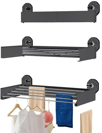 YCBTREE Wäscheständer zur Wandmontage, Wäscheständer Ausziehbar mit Saugnapf, 50x25cm Kompakte Wäscheleine, Platzsparend & Klappbar für Bad, Balkon, Indoor & Outdoor, Einfach zu Montieren (Schwarz)