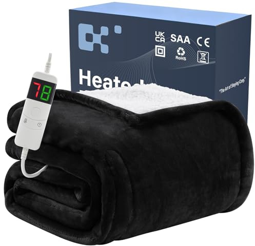 BOMOVA Electric Heated Blanket Single Throw (130x160cm,Black)-Flannels Fleece Winter Warm Blanket,10-Level Heating & 5 Auto Timer,Cozy Sofa Throw for Home Office,Xmas House Warming New Home Gifts