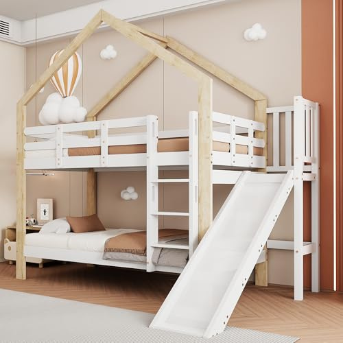 Gxffipw Etagenbett Kinderbett 90x200 cm mit Rausfallschutz, Hochbett mit Rutsche und Leiter, Hausbett Holzbett Bettrahmen mit Lattenrost, Weiß+Natur, Ohne Matratze