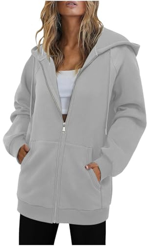 KUIH Women's Longline Hoodie Full Zip Fleece Jacket Warm Coats Ladies Long Hoode Sweatshirt with Pockets Loose Jumpers Sweat Top Fleece Hoodies With Drawstring Thermal Outerwear Womens Cardigans