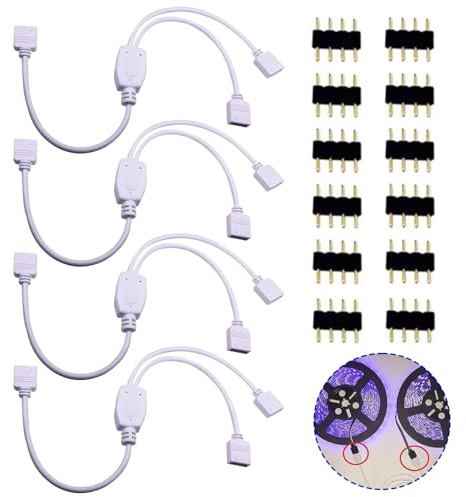 4PCS Cable Divisor Tira LED RGB, Conectores de Tira de luz LED de 4 Pines 1 a 2 Cable Conector Esquina Cinta 4 Pines Y Splitter Banda Connecteur Distribución para 5050 3528 2835 30cm Blanco