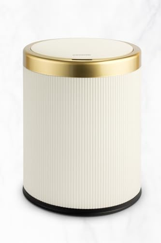 12L Kleiner Abfalleimer mit Klickdeckel - Inklusive gratis 50 Müllbeutel - Stilvoller Abfalleimer für Wohnzimmer, Küche, Bad & Offic (Weiß und Gold)