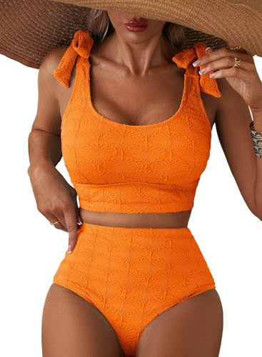Herseas Women Tummy Control Bikini Sets Seashell Textured Tie Straps Push Up Swimsuits High Waisted Scoop Neck Bathing Suits Sporty 2 Piece Sets 2026 Summer Beach Outfits Orange Medium