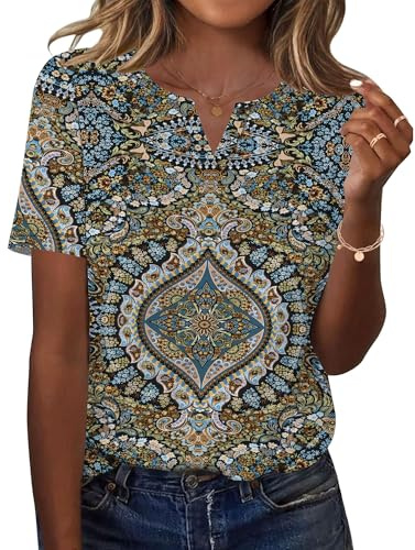 LOMON Womens Short Sleeve Tops V Neck T Shirts Basic Blouses Boho2, M | Cozy Soft Loose Fit Basic Tees, Dressy Business Casual Work Blouses, Boho Tops, Spring Summer Shirts,2026 Trendy Clothes