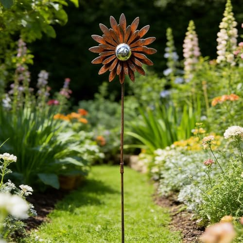 WRQIOO Gartenstecker Rost Blumen, Gartenstecker Metall, Gartendeko Rost, R-ost Deko für Garten, D-EKO Rostfigur mit Edelstahl Kugel für Rasen Hof Balkon Blumentopf