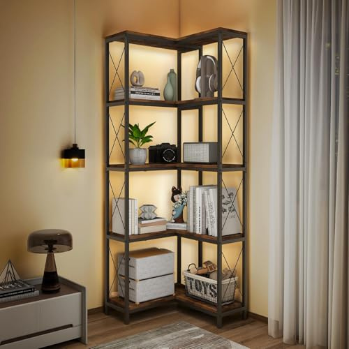 ELECWISH Corner Bookcase 5 Tiers, LED 170cm Corner Shelf Unit | Tall bookcase with Metal Frame and Open Shelves, Corner Bookshelf for Living Room, Bedroom and Study, Rustic Brown