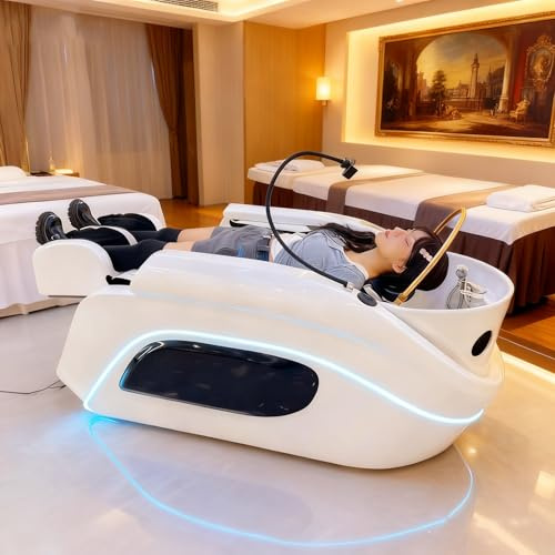 Shampoing pour la tête avec lit de Spa, lumière LED et Support pour téléphone, Massage Intelligent en Cascade, Design géométrique en Arc pour Un Spa Capillaire