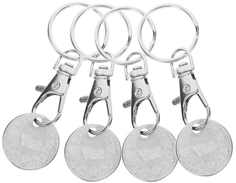 HEALEEP 4pcs Stainless Steel Trolley Token Keyring Set, Metal Shopping Cart Pendant Key Chain Hanging Token, White Color for Grocery Store Use