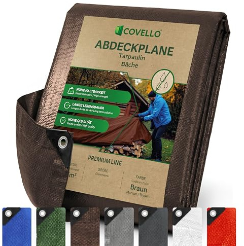 Covello Bache de Protection Exterieur 140g/m² Imperméable 3 x 3m Marron | Bache de Protection Premium Line, 9m² Bache Anti UV, Anti-déchirure, Bâches en Polyéthylène avec Œillets, Bâche Multiusage