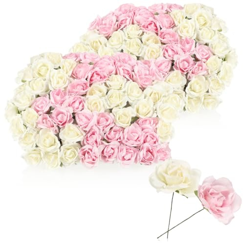 com-four® 120x Papierblumen - 20x Bouquetzweige Bündel mit je 6 Blüten - weiße & rosa Deko Blumen - Papier Rosen zum Basteln, für Kränze, Tischdeko, Hochzeit (20 Bündel weiß + rosa)