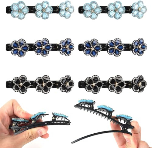 MOTIBACK Lot de 6 pinces à cheveux tressées avec strass double couche, pinces à cheveux avec pierres de cristal étincelantes pour femmes et filles