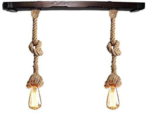 Rustiluz Lámpara con cuerda de yute 30 mm vintage y madera. De 2 luces E27