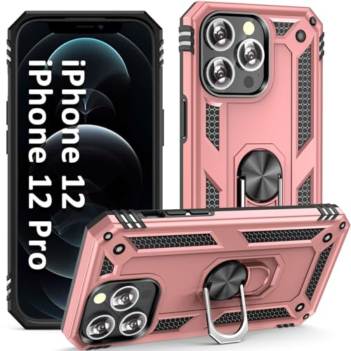 ADDIT Phone Case for iPhone 12/12 Pro, Military Grade 15ft Drop Tested Protective Case with Magnetic Car Mount Ring Holder Stand Cover - Rose Gold