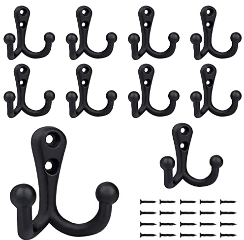 BIGLUFU Kleiderhaken, 10 stück Garderobenhaken Vintage Schwarz Doppelt Wandhaken mit 20 Schrauben für Garderobenhaken Badezimmer Küche Büro