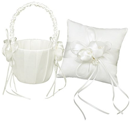 freneci Boda Marfil Satén Perla Cuentas Anillo Almohada Almohada Cojín & Cesta de Flores