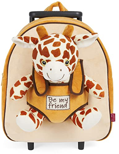 PERLETTI Plüschtier Kindergepäck Rucksack für Kinder - Kinderrucksack mit Abnehmbaren Rädern und Kuscheltier Spielzeug - Kindergarten Rollrucksack Kleinkinder 3 4 5 Jahren - 28x32x11 cm (Giraffe)