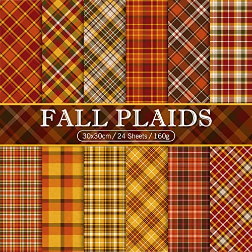 Whaline 24 Stück Herbstmuster Papier 30 x 30 cm Herbst Buffalo Plaid Doppelseitiges Scrapbook Spezialpapier für Herbst Thanksgiving DIY Dekorative Hintergrund Karten Herstellung Fotoalbum Junk