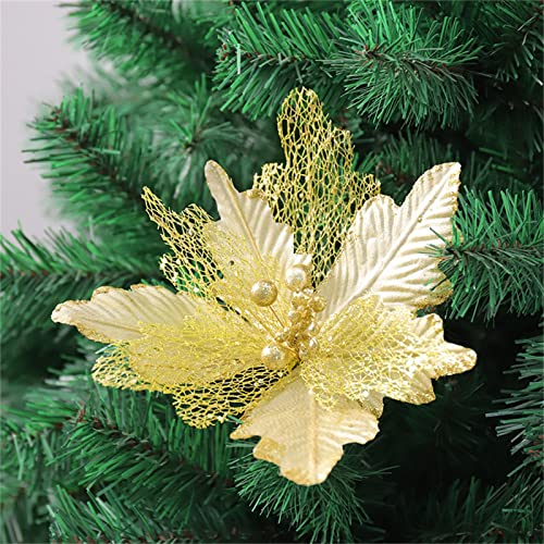 Sarah Duke 8 PCS Künstliche Weihnachten Blumen Golden Glitzer Weihnachtsstern 25 cm Blumen Weihnachtsbaum Kunstblumen Christbaumanhänger Weihnachtsbaum Dekor