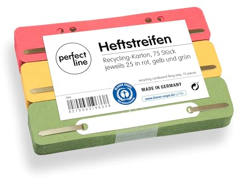 perfect line - 75 Heftstreifen Pappe, recycling Karton, 250 g/m², 3 Farben (Rot, Grün, Gelb), Made in Germany, Blauer Engel zertifiziert