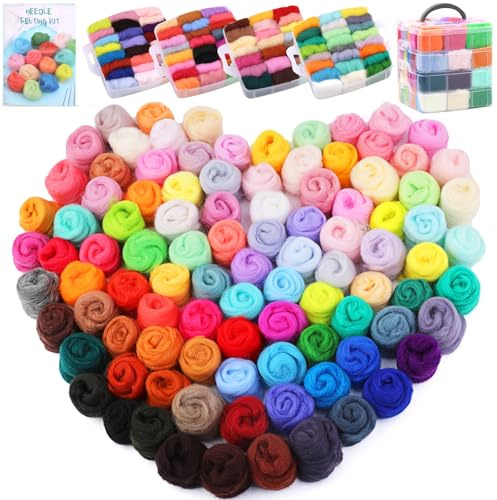 Wamkon Nadel-Filz-Set 96 Farben Wolle Roving Garn Nadel-Filz-Wolle Starter-Set mit 4-lagiger transparenter Aufbewahrungsbox für Diy Handspinnen und Diy Kreationen