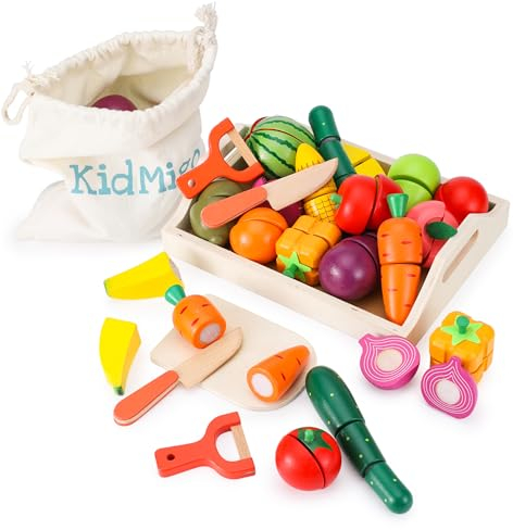 KidMigo Wooden Play Food, 19 Items 35 Pcs Toy Kitchen Accessories with Serving Tray, Wooden Kitchen Toys with Canvas Storage Bag, Pretend Food for Toddlers 3-5