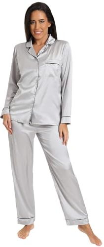ThePyjamaFactory Womens Satin Silver Long Pyjama Set Summer Two Piece Pyjamas for Ladies Silk Pjs (18-20)