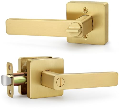 LOQRON Square Keyless Privacy Door Lever, Brushed Gold Door Handles, Heavy Duty Gold Door Lever with Privacy Lock Reversible Door Handle for Right/Left Handed Bedroom Bathroom Doors