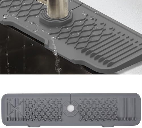 Veki Silicone Faucet Mat for Draining, Kitchen Tap Sink Splash Guard, Foldable Tap Drip Draining Holder, Faucet Handle Drip Catcher Tray for Kitchen and Bathroom Countertop Protect (61 cm, Grey)