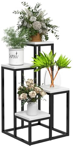Outsunny Scaffale per Piante a 4 Livelli, Scaffale Porta Fiori e Vasi in Acciaio e Legno per Interni ed Esterni, 34x34x70cm, Bianco e Nero