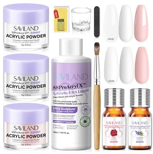 SAVILAND Acryl Nagelset mit Nagelöl: 3 Farbiges Acrylpulver für Nägel,Komplettes Gelnägel Starterset mit Nagelpinsel,Acryl Liquid für Nägel,ätherisches Öl,Kristallstift-Zubehörset