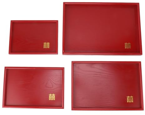 ANKROYU 4 Pièces Plateau De Service En Bois, Plateaux De Service Décoratifs, Plateau De Service De Mariage Rouge De Style Chinois Pour Thé, Café, Assiette à Collation, Plateau à Bonbons Aux(B)
