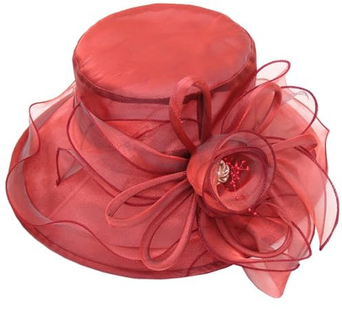 ZESLIV Damenhut Organza Hut Hochzeit Anlasshut Brauthut Sonnenhut mit Organza Perlen Blumenband Sommerhut Sonnenschutz Strandhut, Weinrot