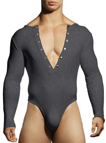 Vxuxlje Herren Langarmbody Kurz Bodystocking Hemd Latin Tango Tanzbody Tanz Trikot Body Ballettbody Mann Unterwäsche Sissy Lingerie Grau L