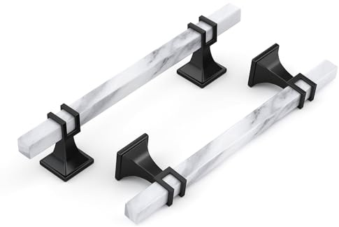Lepatape Schrankgriffe aus weißem Marmor, 12,7 cm, schwarze Schrankgriffe, Marmormaserung und schwarze Ziehen, Küchenschrankgriffe, quadratische Kommoden, Schubladen, Küchenzubehör, 10 Stück