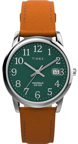 Timex Easy Reader Herren-Armbanduhr, 35 mm, braunes Lederarmband, grünes Zifferblatt, silberfarbenes Gehäuse TW2W54600