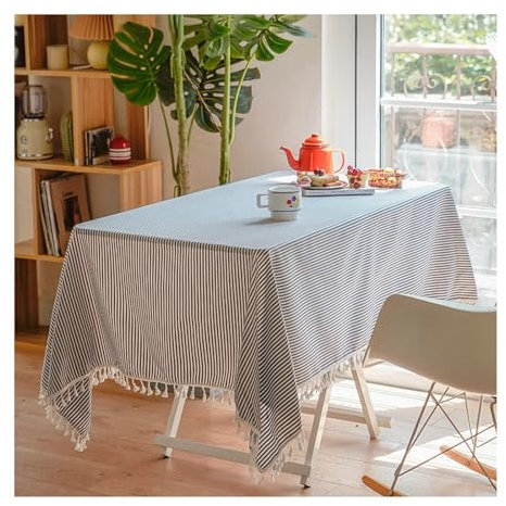BCughia Tischdecke 140x180CM Rechteckig, Tischdecke Abwaschbar Wasserdicht Leinen Streifen mit Quasten Tischdecke für Küche,Esszimmer,Tischdekoration, Marineblau