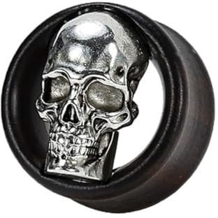 Taffstyle Flesh Tunnel Ohr Ear Plug Ohrpiercing Double Flared aus Holz mit Totenkopf Silbern Motiv 25mm