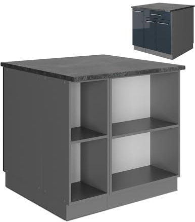 Vicco Kücheninsel Fame-Line, Dunkelblau Hochglanz/Anthrazit, 90 cm mit Schublade, ohne Arbeitsplatte