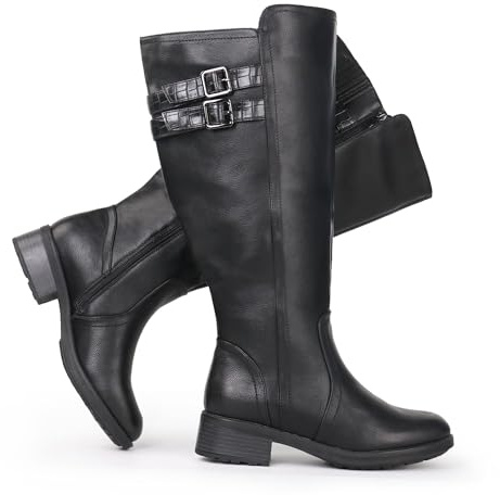 Chicblooms Höga stövlar med extra bred blockklack för kvinnor, dolt, stretchigt spänne, svart, 37.5 EU