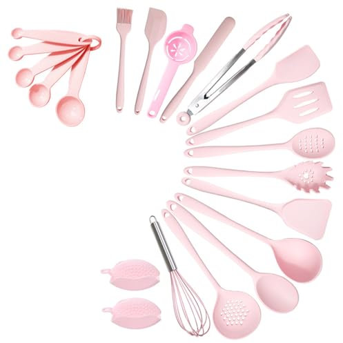 Sarini Juego de utensilios de cocina con cuchara sopera y espátula de silicona de 22 piezas,kit de cubiertos resistentes al calor con soporte para cubiertos,antiadherente,apto para lavavajillas (rosa)