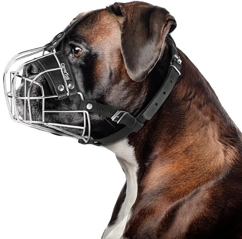 CleverTail Metall-Maulkorb für große Hunde – Körbchen-Maulkorb mit verstellbaren Lederriemen – Käfig-Maulkorb zum Verhindern von Beißen für Hunde mit kurzer Schnauze, Boxer, Bulldogge