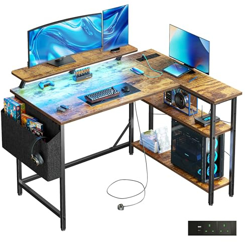 DOMSHOCT L Shaped Gaming Desk with LED Lights & Power Outlets, 120 * 80cm Corner Computer Table with Storage Bag & Adjustable Shelves & Large Monitor Stand, Home Office Study Workstation, Brown