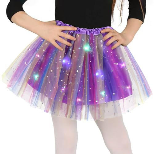 Tüllrock Mädchen Lila Mehrfarbig, Sterne Pailletten Tanzkleid, 30cm Dehnbaren Minirock Mit LED Lichter, kleine Mädchen Tütü Ballettrock für Fasching Halloween Karneval, 3-8 Jahre Kinder Ballett Dress