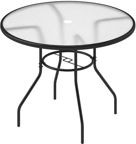 Outsunny 100 cm Round Dining Table with Parasol Hole, Steel Frame, Black | Outdoor Coffee End Side Table, Tempered Glass Top, for Garden, Patio