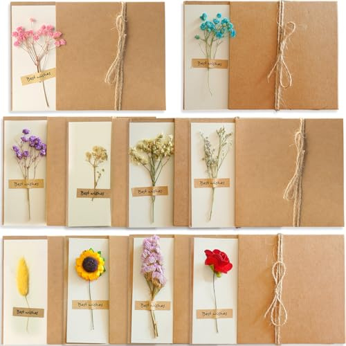 Biglietto di auguri, 10 pezzi, fiori secchi, con busta, biglietto di ringraziamento, carta kraft retro, per il Ringraziamento, festa della mamma, Natale, matrimonio (16 x 11 cm)