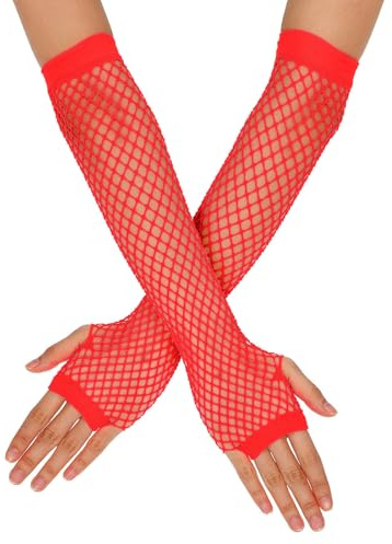 Lusofie Guanti a Rete Lunghi Rosso Fluorescente Donna Eleganti Anni '80 Maniche a Rete Costume Festa a Tema Guanti a Rete Senza Dita in Pizzo Accessori Cosplay di Halloween Forniture